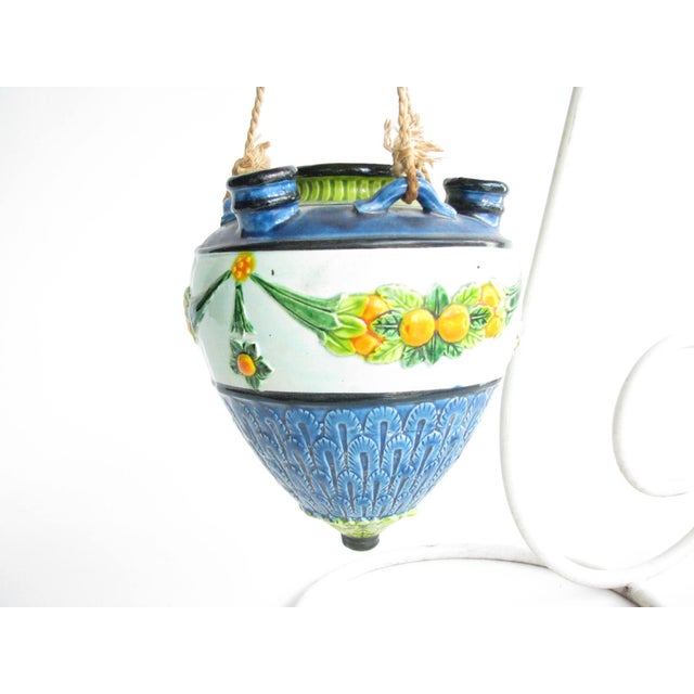 Traditional Vintage Mid 20th Century Hanging Majolica Pottery Planter For Sale - Image 3 of 12
