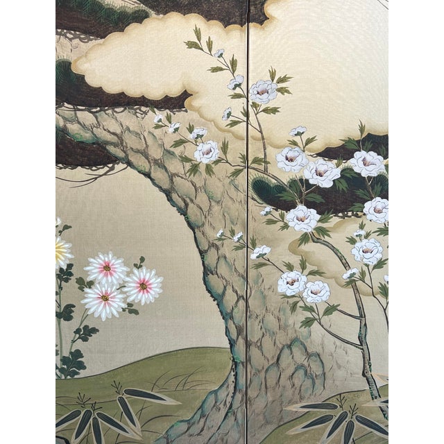Wood Large Mid 20th Century Chinese Mandarin Ducks, Pine Tree and Peonies Wall Folding Screen - Artist Signed For Sale - Image 7 of 12