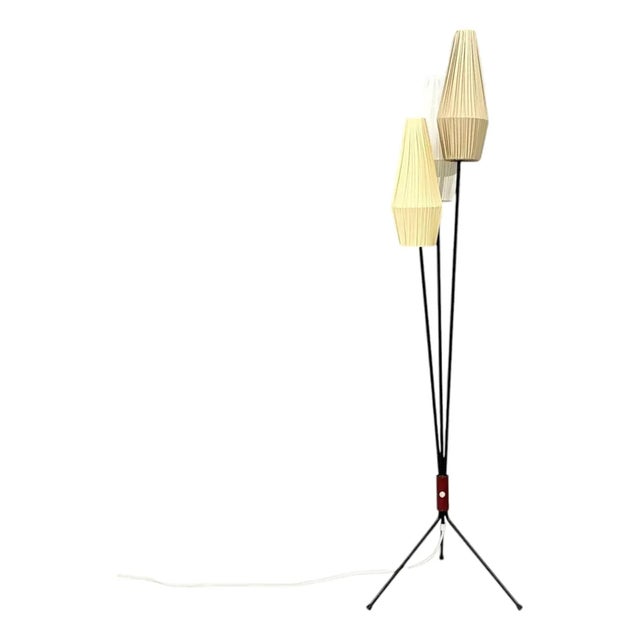 1950s Swedish Modern, Three-Light Floor Lamp, Metal, Beige Shades For Sale
