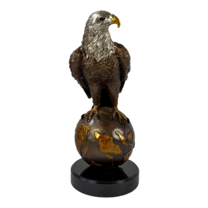 Large Bronze Bald Eagle Sculpture on Globe With Marble Base - 22"h