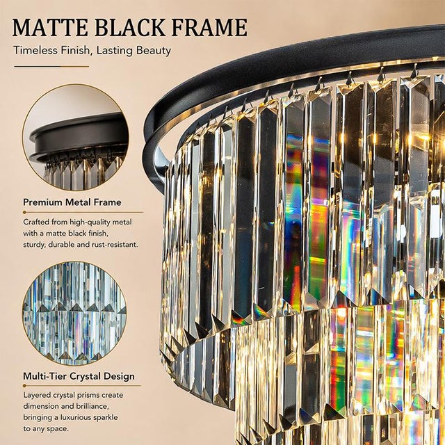 Aloadecor 8-Lights Modern Black 4-Tier Round Crystal Fringe Chandelier For Sale - Image 4 of 7