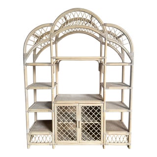 Boho Chic Blonde Rattan Arched Top Etagere For Sale