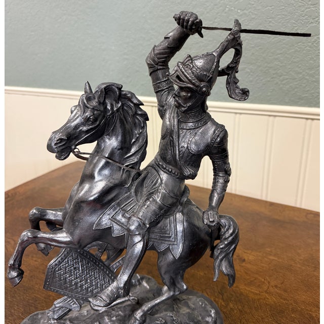 Antique French Pair of Patinated Spelter Sculptures Knights on Horseback For Sale - Image 9 of 16