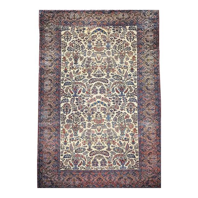Antique Oversized Persian Kerman Lavar Rug, Hand-Knotted Wool, Allover Floral Vase Pattern, Ivory & Pink, 11’ X 20’ For Sale