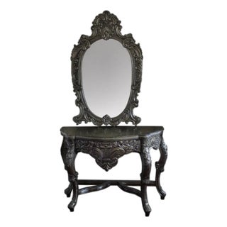 Handmade Vanity & Mirror Set in Silver - Set of 2 For Sale