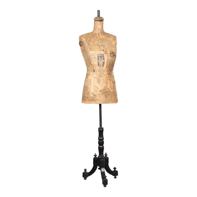 20th Century Vintage Dressmaker's Mannequin Covered in Old Newsprint For Sale