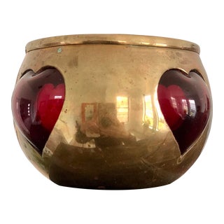 Vintage Brass Caged Glass Heart Votive Holder or Catchall For Sale