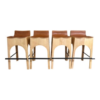 Set of 4 Lostine Jack Leather and Wood Bar Stools in Tan For Sale