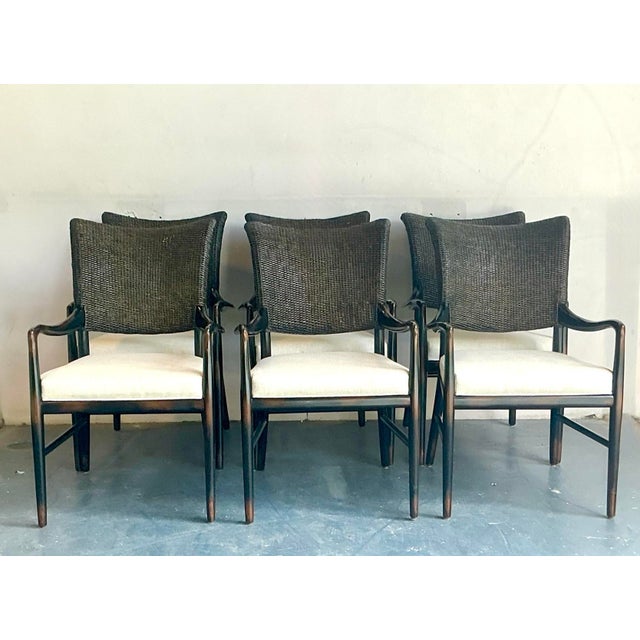 Ebony Vintage Boho Palecek “Catalina Cane” Arm Chairs - Set of 6 For Sale - Image 8 of 11