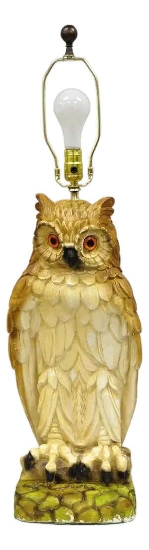 Vintage Mid Century Modern Large Chalkware Painted Owl Sculpture Table Lamp