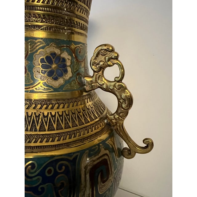 Vintage Japanese Brass Champlevé Cloisonné Enamel Vase With Dragon Handles For Sale In West Palm - Image 6 of 9
