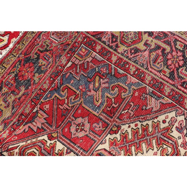 Vintage Heriz With Geometric Diamond Design in Reds, Ivory, Blue, Light Yellow Green & Charcoal For Sale - Image 12 of 13