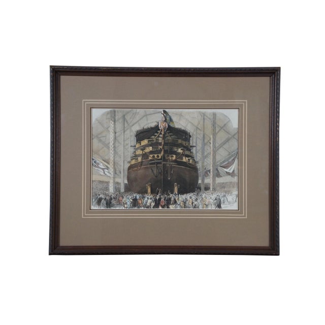 Pair of antique nautical / maritime hand colored engravings depicting “The Launch of the H.M.S. Royal Albert” from the...