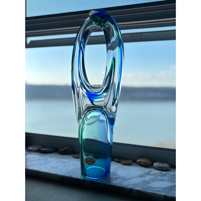 Abstract Late 20th Century Signed A. Tablonski Polish Art Glass Sculpture -- 18" Blue Green Crystal Modernist Vase For Sale - Image 3 of 13