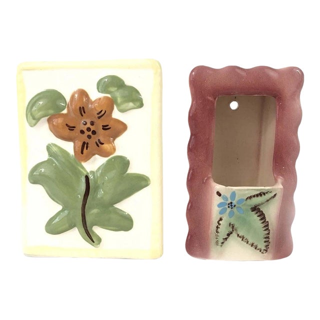 Wall Pockets Ca: 1940's Ceramic Block Pottery California Hand Painted Flowers For Sale