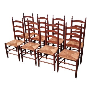 Early 20th Century American Solid Oak Ladder Back Rush Seat Dining Side Chairs- Set of 8 For Sale