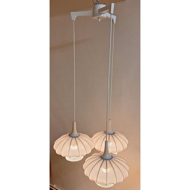 Cream Vintage 3-Flame Cascade Lamp with White Plastic Frame and Gray Fabric Shades from Aro Leuchten, 1970s For Sale - Image 8 of 8