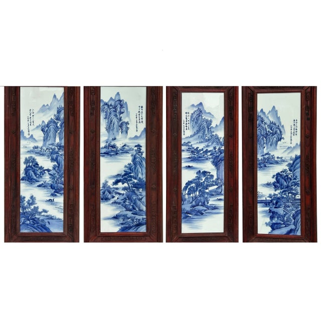 Set 4 Chinese Blue White Landscape Porcelain Painting Wall Panels For Sale In San Francisco - Image 6 of 8