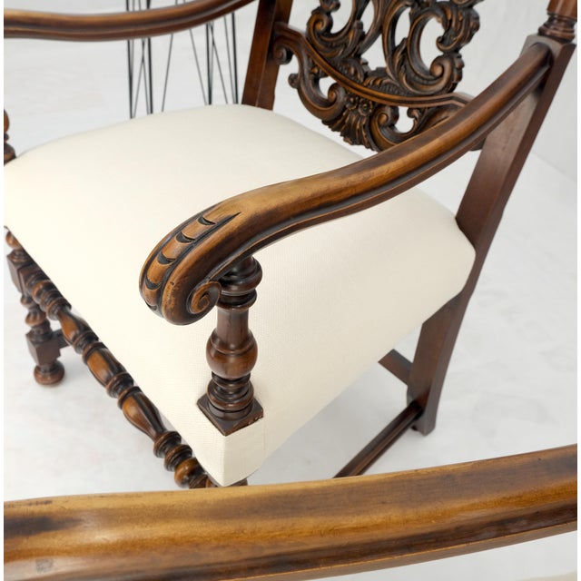 Berkey & Gay Carved Walnut Tall Backs New Upholstery Fireside Arm Side Chairs - A Pair For Sale - Image 4 of 12