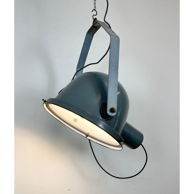 Industrial Grey Enamel Factory Spotlight Hanging Light with Glass Cover, 1950s For Sale - Image 17 of 18