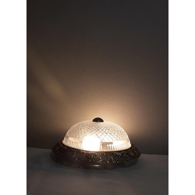 1980s Vintage Flat Ceiling Lamp with Relief Glass Bowl on Gold-Colored Metal Mount, 1980s For Sale - Image 5 of 7