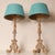 Turquoise Vintage French Country Lamps Wood Turquoise Linen Lampshades a Pair For Sale - Image 8 of 11