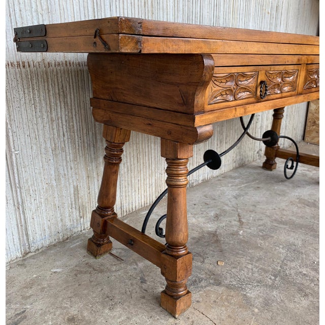 Early 20th Spanish Console Fold Out Table With Iron Stretcher and Two Drawers For Sale - Image 9 of 13