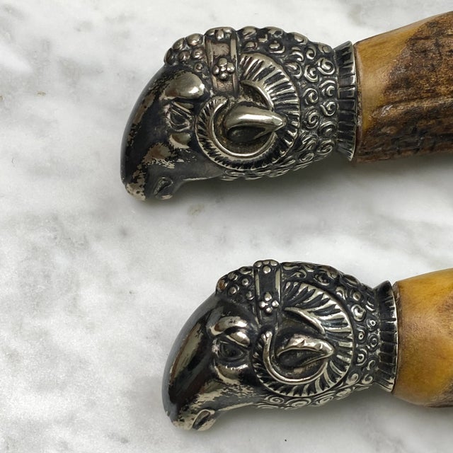 English 19th Century Antler Handle Carving Set With Silver-Plated Ram’s Head Hilt - Set of 2 For Sale - Image 3 of 6