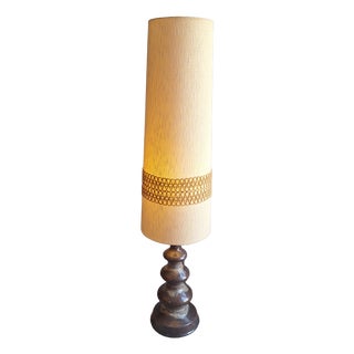Mid-Century Floor Lamp with Brown Ceramic Base in the Fat Lava with Beige Fabric Shade by Pan, 1960s For Sale