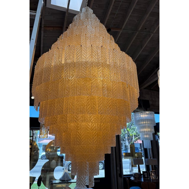 Modern 1970s Monumental Amber Textured Glass Leaf Tiered Chandelier For Sale - Image 3 of 11