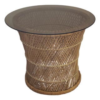 Exceptional Mid-Century Modern Wicker & Rattan Side Table — 22" Floating Glass Top For Sale
