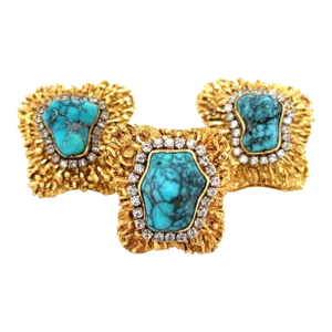 Vintage Raw Turquoise and Diamond Ring and Earring Set in 18k Gold