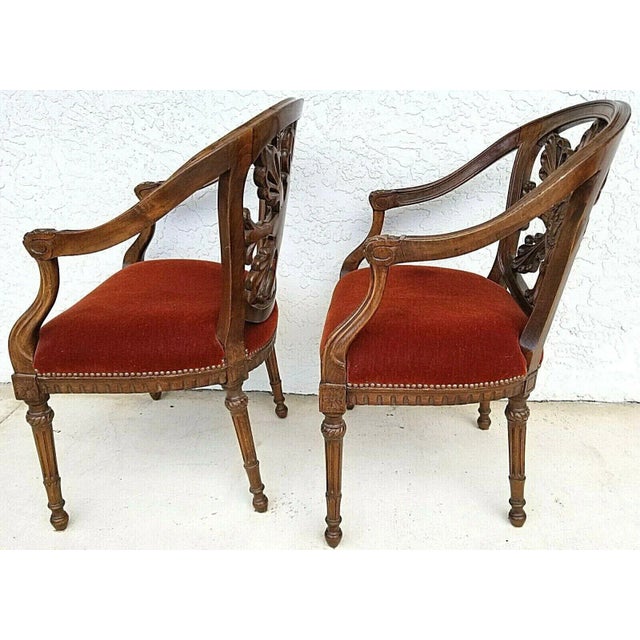 Wood Antique Hand Carved Walnut French Provincial Armchairs - Set of 2 For Sale - Image 7 of 13