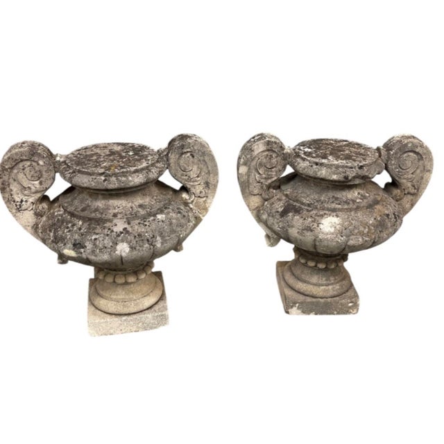 Pair of Vintage Weathered Cast Stone Classical Garden Urns With Scroll Handles For Sale - Image 4 of 12