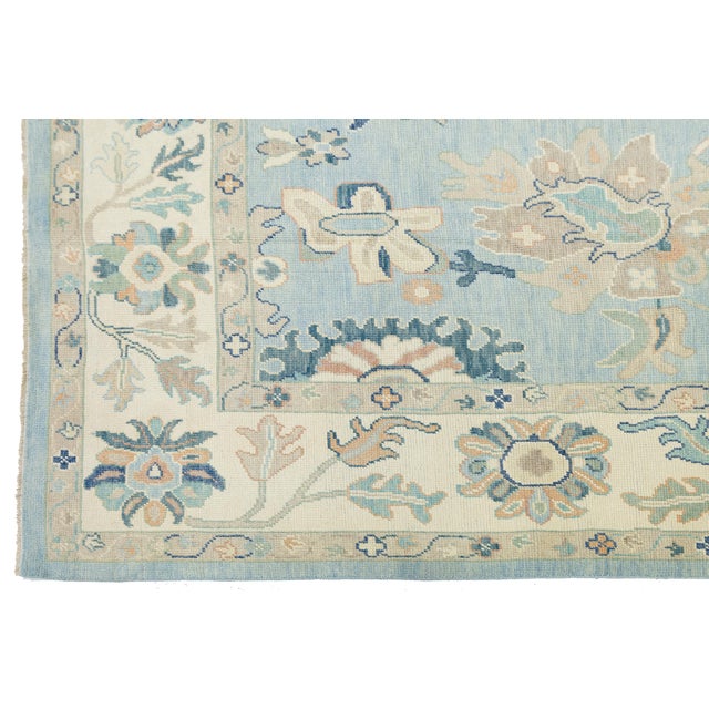 Textile Modern Hand-Knot Oushak Style Light Blue & Soft Earth Tone Floral Wool Area Rug For Sale - Image 7 of 12