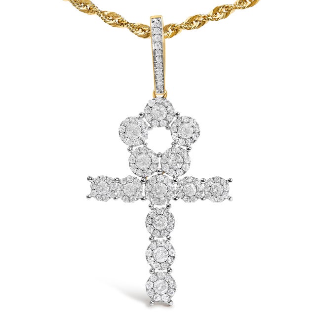 Contemporary Men's 10K Yellow Gold 1 3/4 Cttw Diamond Cluster Ankh Cross Pendant Necklace - 18" Inches For Sale - Image 3 of 4