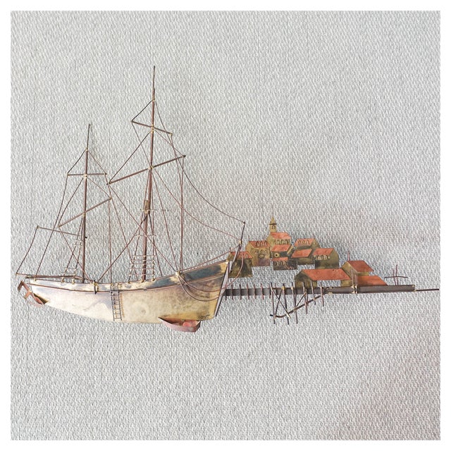 Brutalist Boat with Harbour Village Wall Sculpture by Curtis Jeré for Artisan House, USA, 1970s For Sale