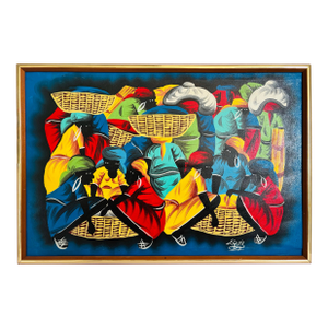 Haitian Village Women Scene Painting Acrylic on Canvas - Signed Fritz