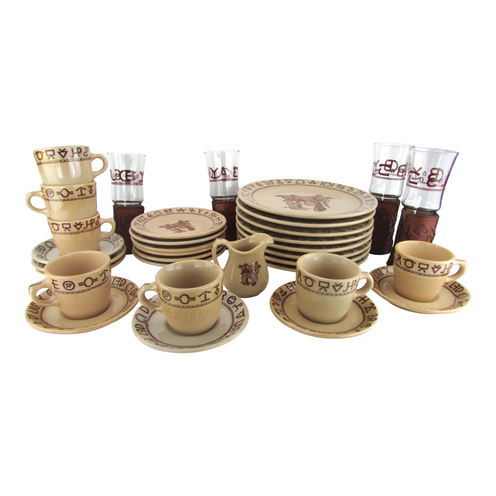 1940s Westward Ho Wallace China Dinnerware 33 Pieces W/ Leather Wrapped