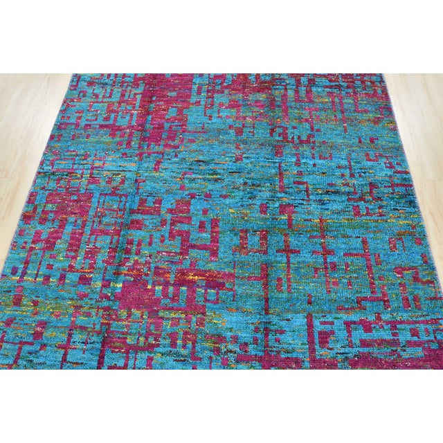 2020s Abstract Rug 5'6'' X 8' Blue Purple Viscose Contemporary Hand-Knotted Carpet For Sale - Image 5 of 12