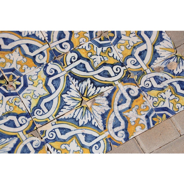 17th Century 17th Century Portuguese Antique Tiles Set of 40 Blue, Yellow & White Geometric Floral For Sale - Image 5 of 18
