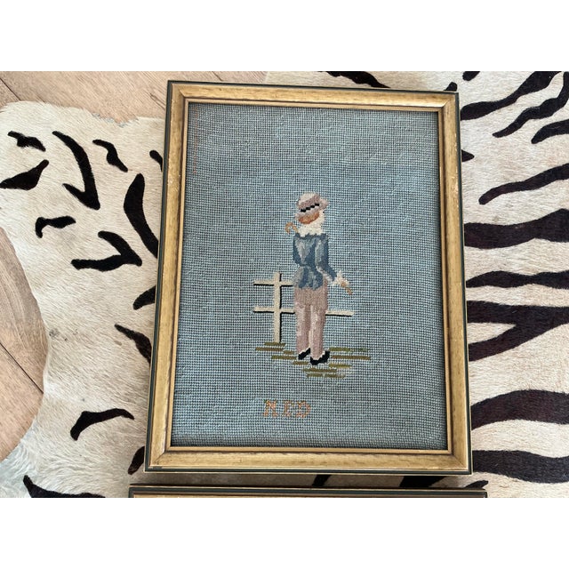 Farmhouse Pair Antique Framed Needlepoints "Ned" and "Jane" For Sale - Image 3 of 10