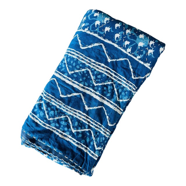 Vintage Quilted Indigo Blanket For Sale