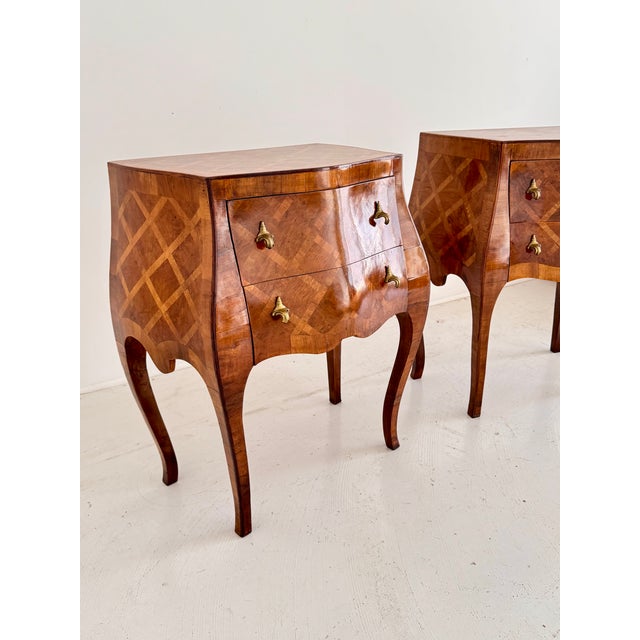 Pair of Italian Bombe Commodini W Geometric Marquetry and Brass Hardware, 1950s For Sale - Image 10 of 16