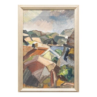 Swedish Rooftops in Landscape, Oil on Canvas by Hans Billgren, Dated 1952 For Sale