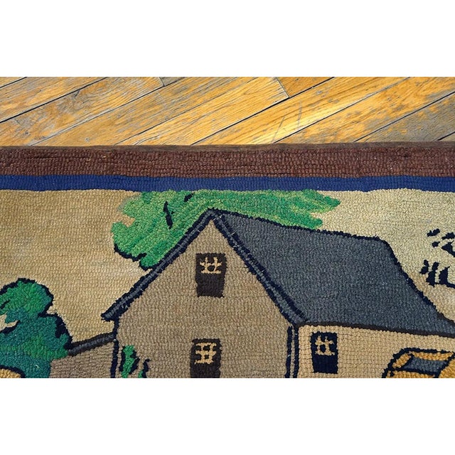1930s Ivory Scene Pictorial Antique American Hooked Rug 2'5" X 4'9" Handknotted Wool Carpet For Sale - Image 4 of 5