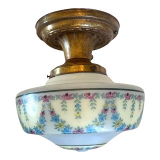 1920s Painted Botanical Glass Fixture on Original Fluted Brass Holder, Original Patina For Sale