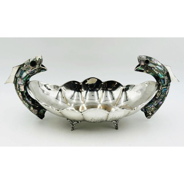 Emilia Castillo 1960s Mexican Silver Plate Center Bowl With Abalone Fish Handles, Signed a.c.t. Taxco For Sale - Image 4 of 18
