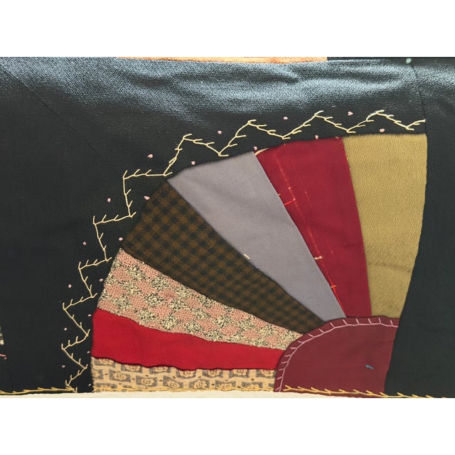 1920s Crazy Quilt Fan Pattern With Embroidered Date and the Word Mother 69" X 80" For Sale - Image 13 of 17