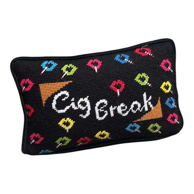 Contemporary Hand-Embroidered Needlepoint "Cig Break" Original Pillow, Custom For Sale - Image 3 of 4
